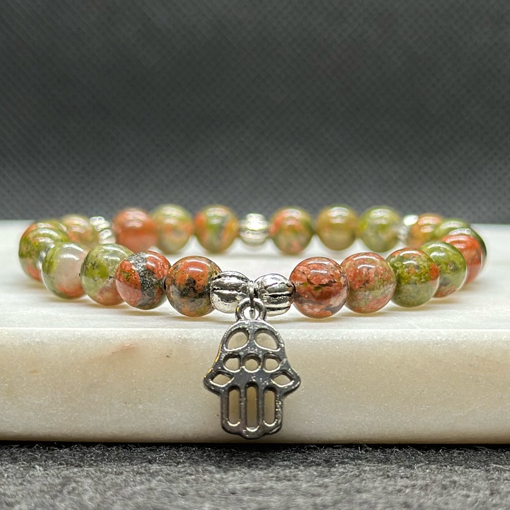 Unakite Crystal Bracelet - Hamsa Charm Bracelet
